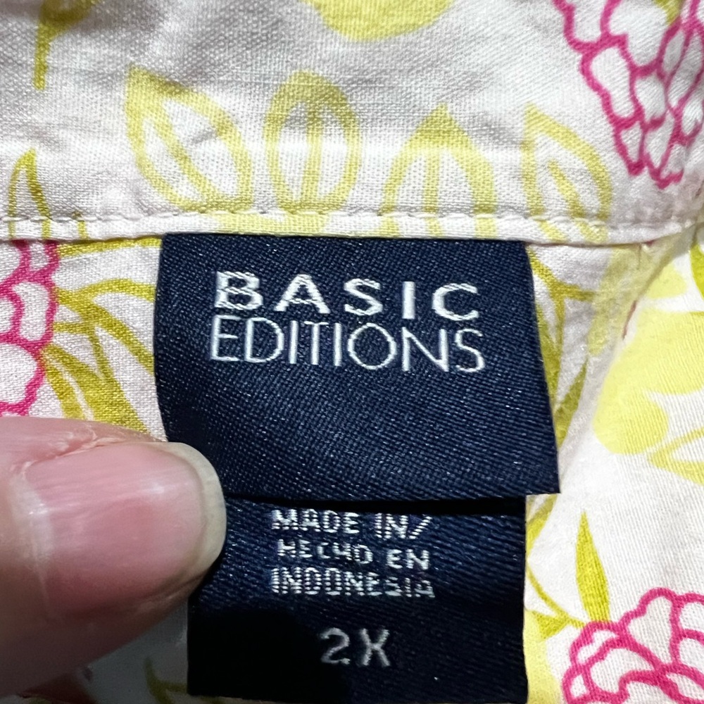 Basic Editions Pink and Yellow Floral Cotton Top 2X